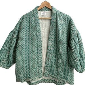 Anthropologie DRA Los Angeles Woven Lined Teal Open Front Jacket Size Large Boho